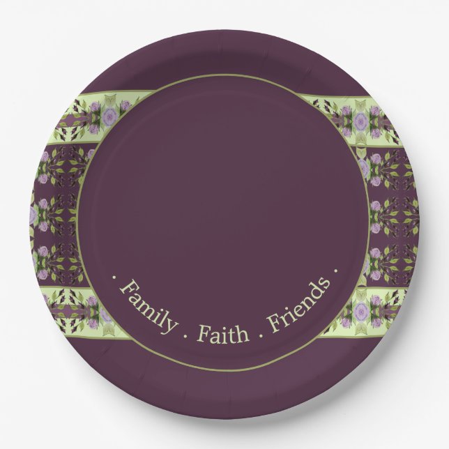 Purple Floral Roses Patterned  Paper Plate (Front)
