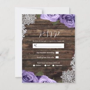 Purple Floral Roses Rustic Lace Wedding RSVP  Invitation