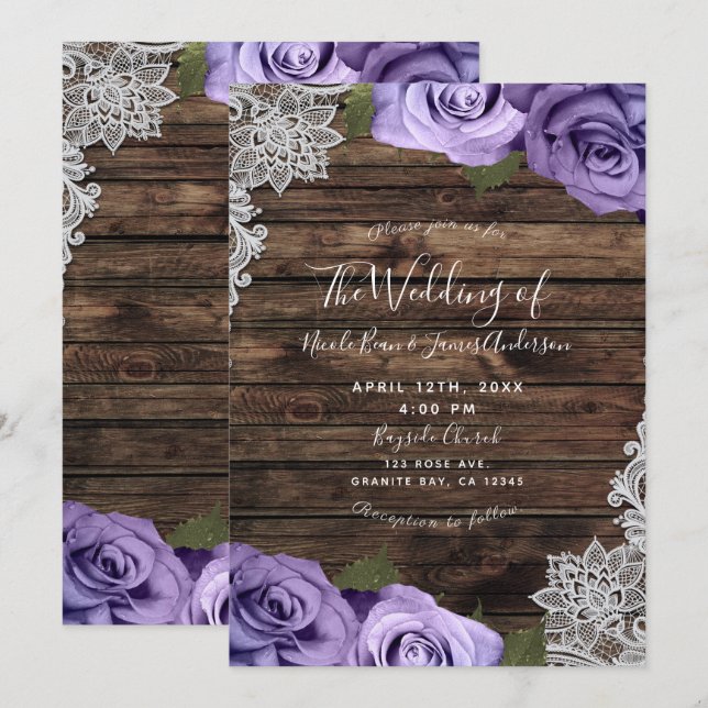 Purple Floral Roses Rustic Wood & Lace Wedding Invitation (Front/Back)