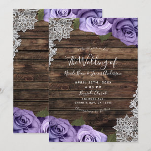 Purple Floral Roses Rustic Wood & Lace Wedding Invitation