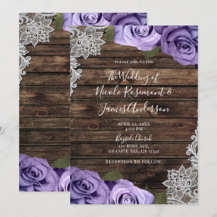 Purple Floral Roses Rustic Wood & Lace Wedding Invitation