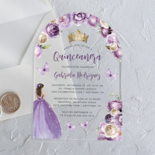 Purple Floral Roses Watercolor Quinceañera Acrylic Invitations