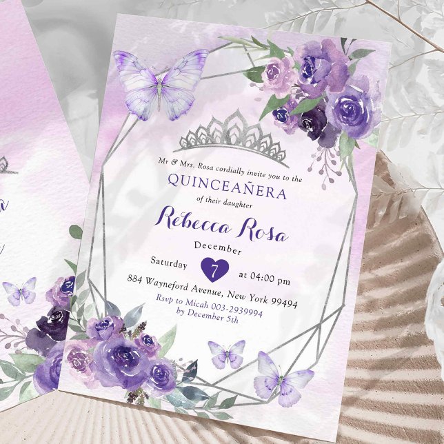 Purple Floral Royal Crown Butterfly Quinceañera Invitation (Creator Uploaded)