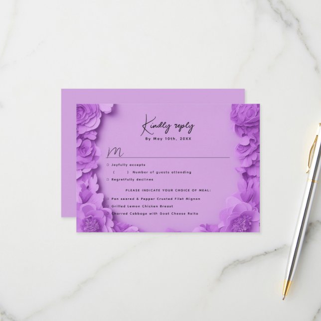 Purple floral RSVP w meal choices (Front/Back In Situ)