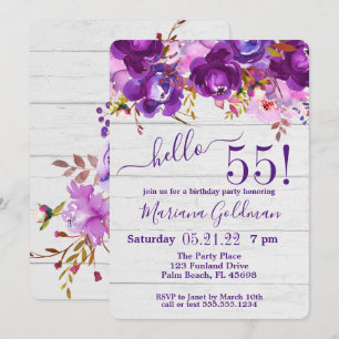 Purple Floral Rustic 55th Birthday Party Invitation