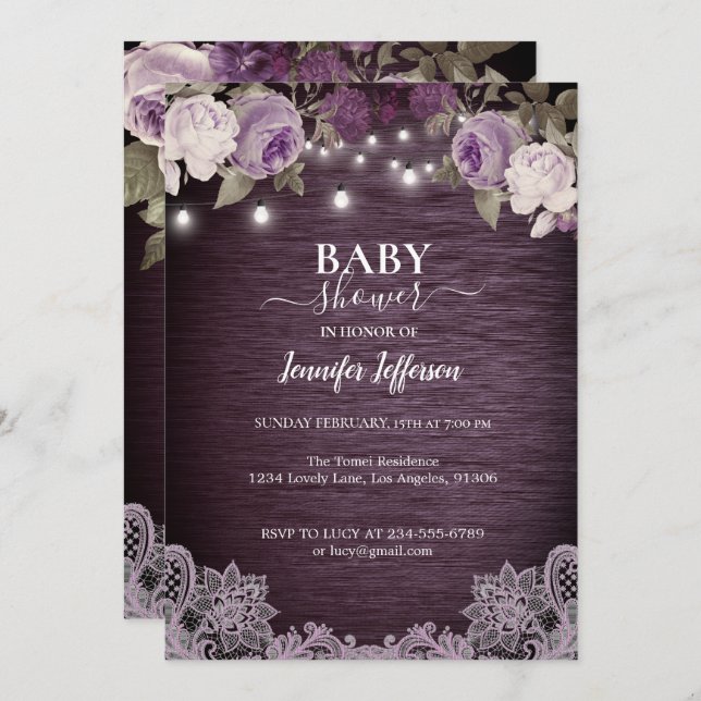 Purple Floral Rustic Baby Shower Invitation (Front/Back)