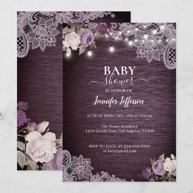 Purple Floral Rustic Baby Shower Invitation (Front/Back)