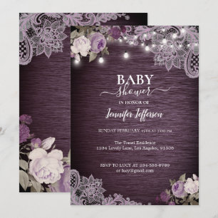 Purple Floral Rustic Baby Shower Invitation