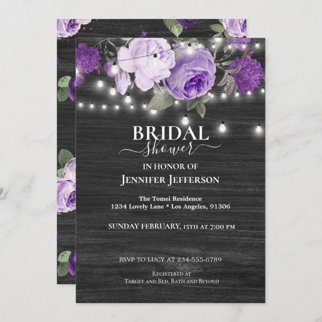 Purple Floral Rustic Bridal Shower Invitation (Front/Back)