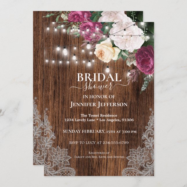 Purple Floral Rustic Bridal Shower Invitation (Front/Back)