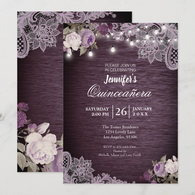 Purple Floral Rustic Quinceanera Invitation (Front/Back)