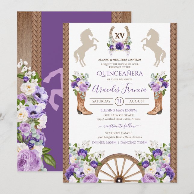 Purple Floral Rustic Western Charro Quinceanera Invitation (Front/Back)
