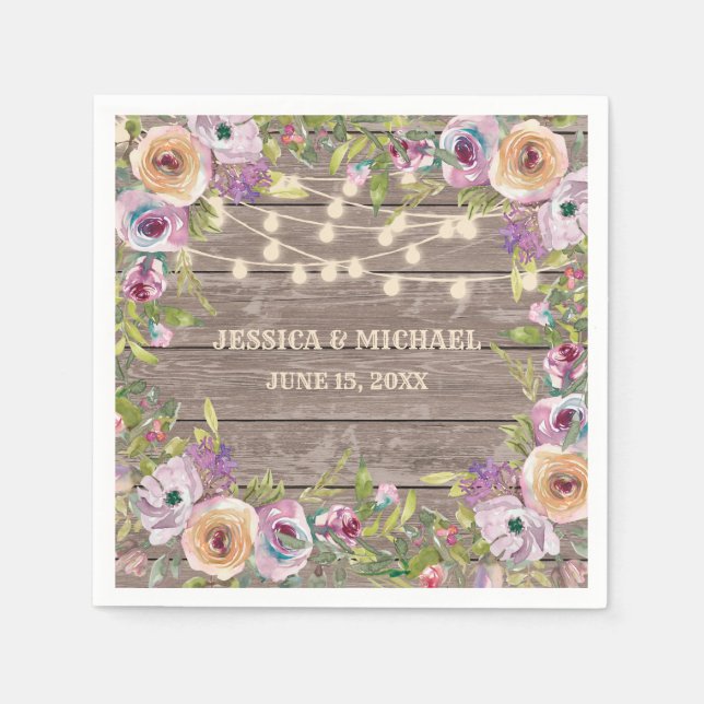 Purple Floral Rustic Wood String Light Wedding Napkin (Front)