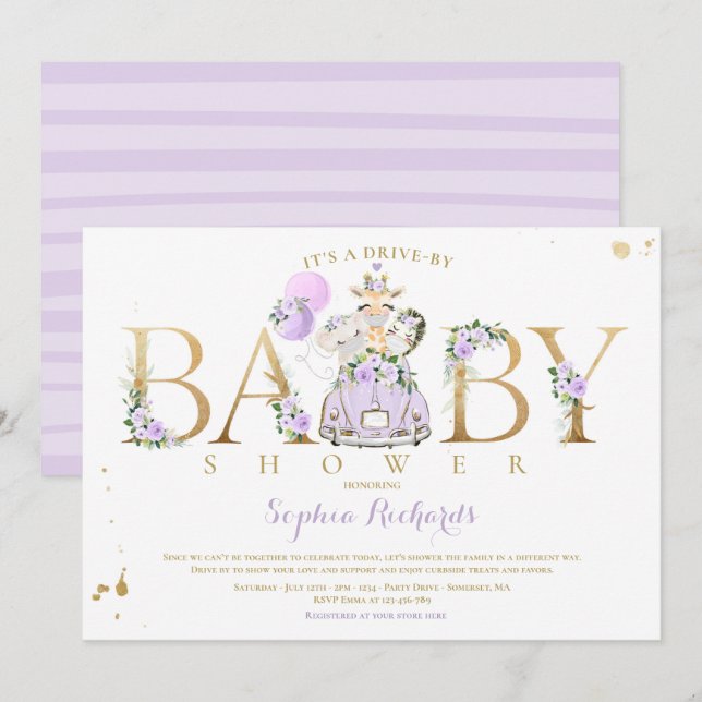 Purple Floral Safari Animals Drive By Baby Shower Invitation (Front/Back)