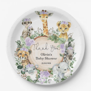 Purple Floral Safari Wild Animals Birthday Favour Paper Plate