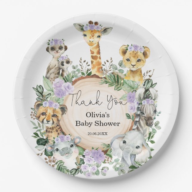 Purple Floral Safari Wild Animals Birthday Favour Paper Plate (Front)