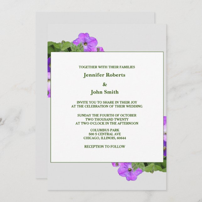 Purple Floral Sage Green Violet Grey Cool Wedding Invitation (Front/Back)
