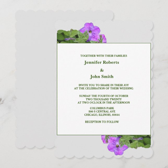 Purple Floral Sage Green Violet Grey Cute Wedding Invitation (Front/Back)