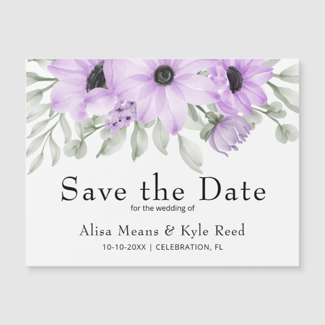 Purple Floral Save the Date Announcement Magnet (Front)