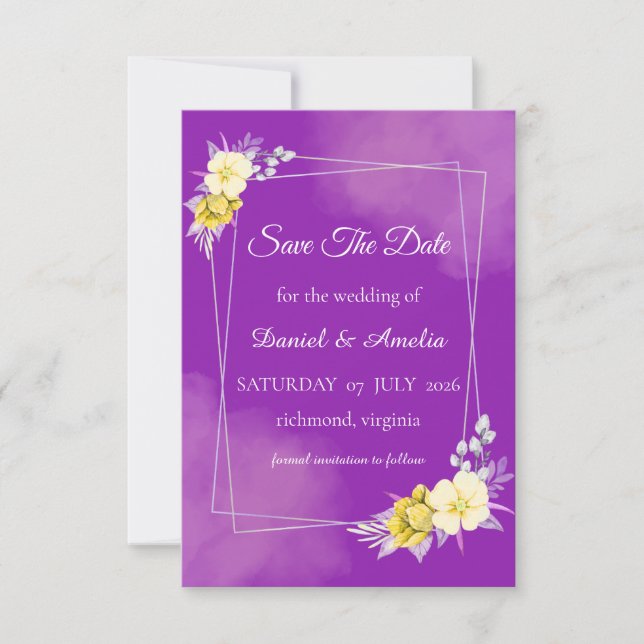 Purple Floral Save The Date Card (Front)
