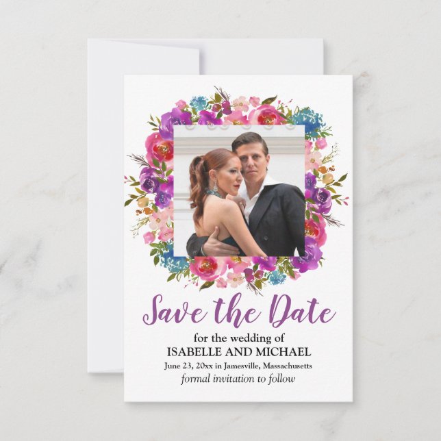 Purple Floral Save the Date Card with Photo (Front)