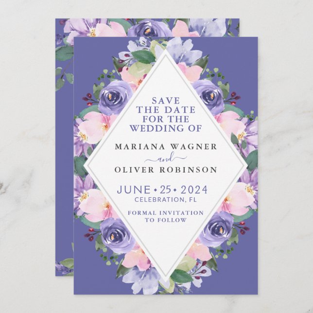 Purple Floral Save the Date Invitation (Front/Back)