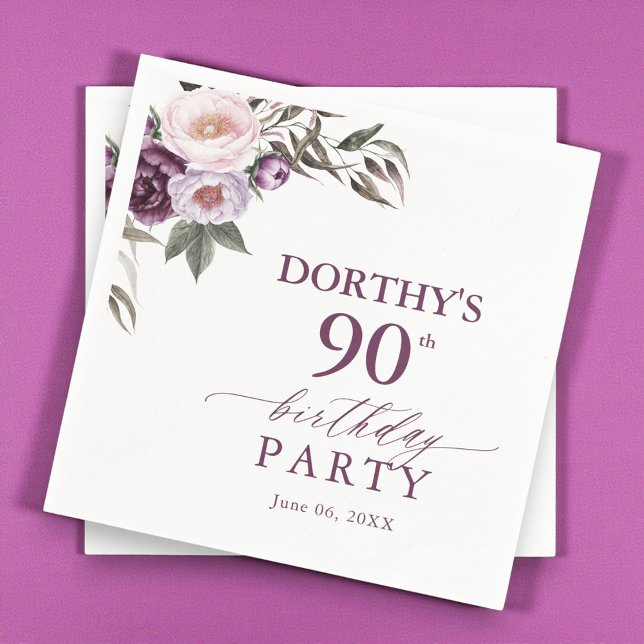Purple Floral Script 90th Birthday  Napkin (Creator Uploaded)