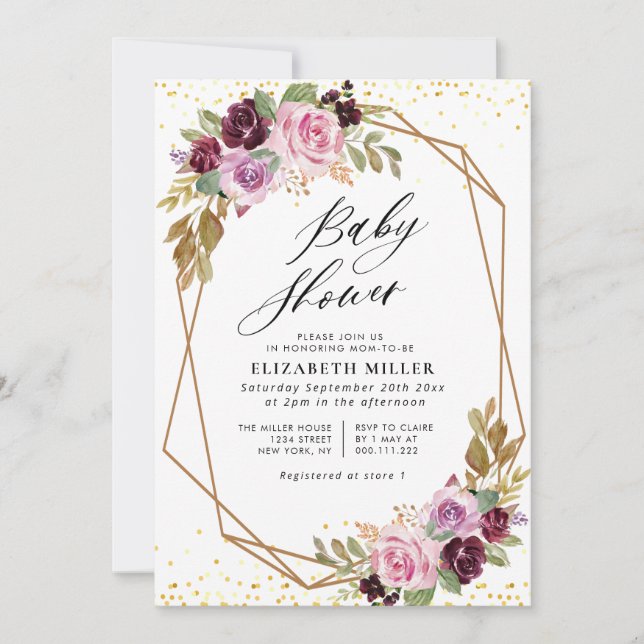 Purple floral script baby shower invitation (Front)