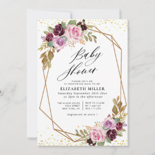 Purple floral script baby shower invitation