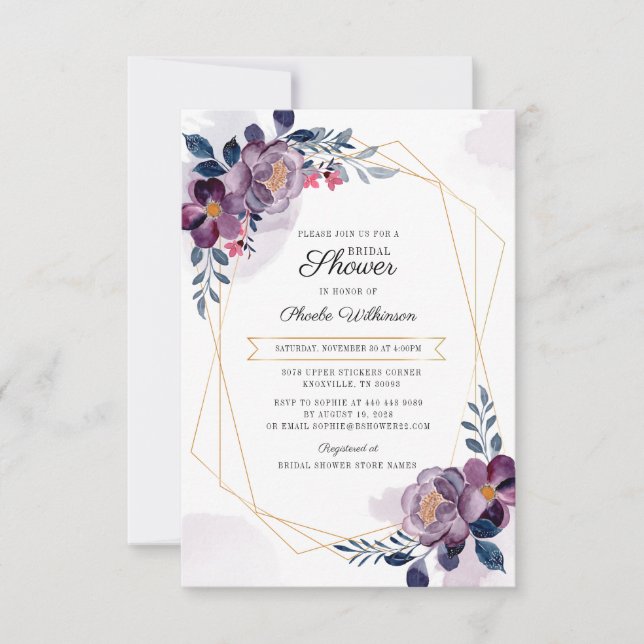 Purple Floral Script Elegant Bridal Shower Invitation (Front)