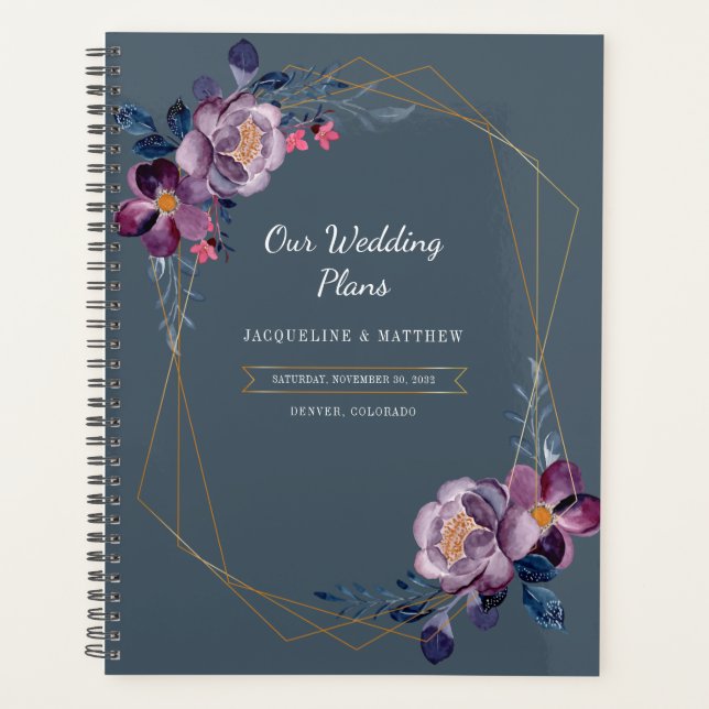 Purple Floral Script Faux Gold Geometric Wedding Planner (Front)