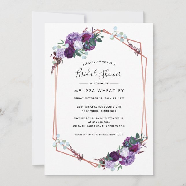 Purple Floral Script Geometric Bridal Shower Invitation (Front)