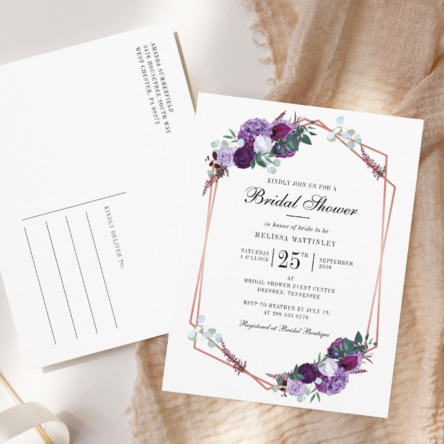 Purple Floral Script Geometric Bridal Shower Invitation Postcard (Purple Floral Script Typography Bridal Shower Invitation Postcard)