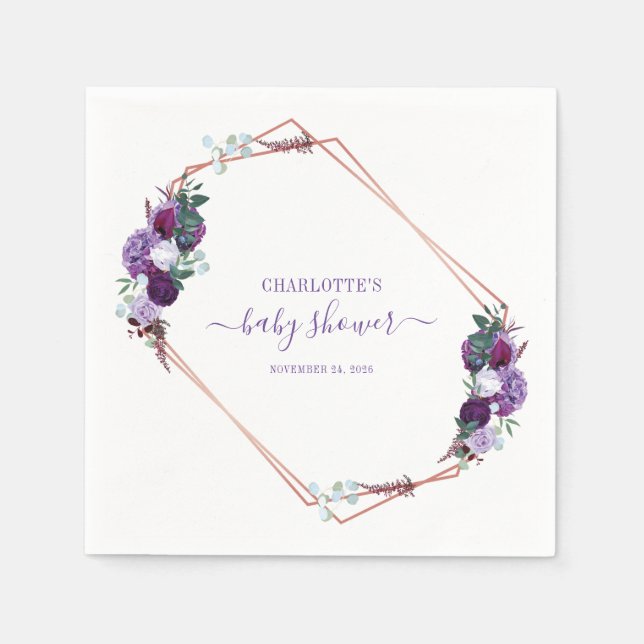 Purple Floral Script Girl Baby Shower Napkin (Front)
