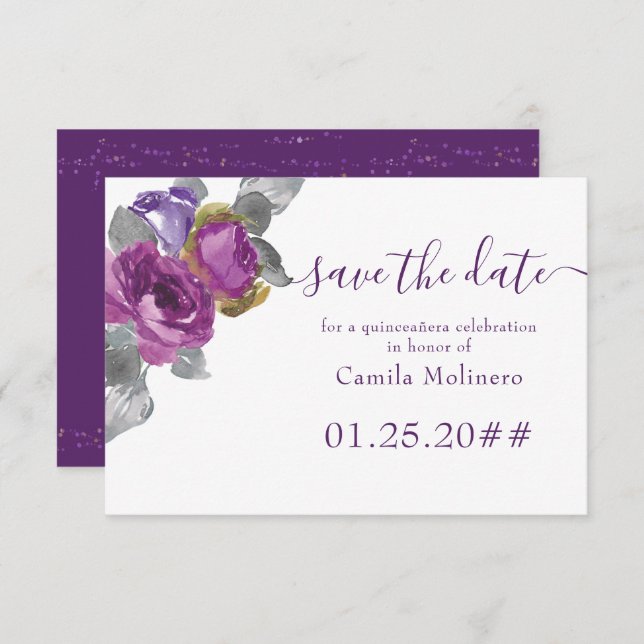 Purple Floral Script Quinceanera Save The Date (Front/Back)