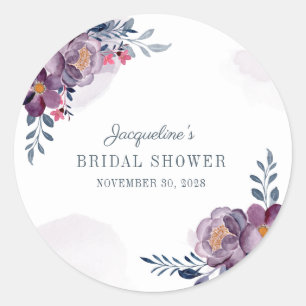 Purple Floral Script Rustic Bridal Shower Classic Round Sticker