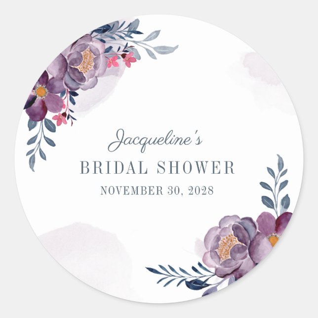 Purple Floral Script Rustic Bridal Shower Classic Round Sticker (Front)
