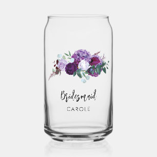 Purple Floral Script Watercolor Wedding Bridesmaid Can Glass