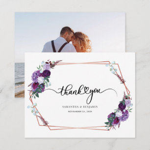 Purple Floral Script Wedding Thank You Card