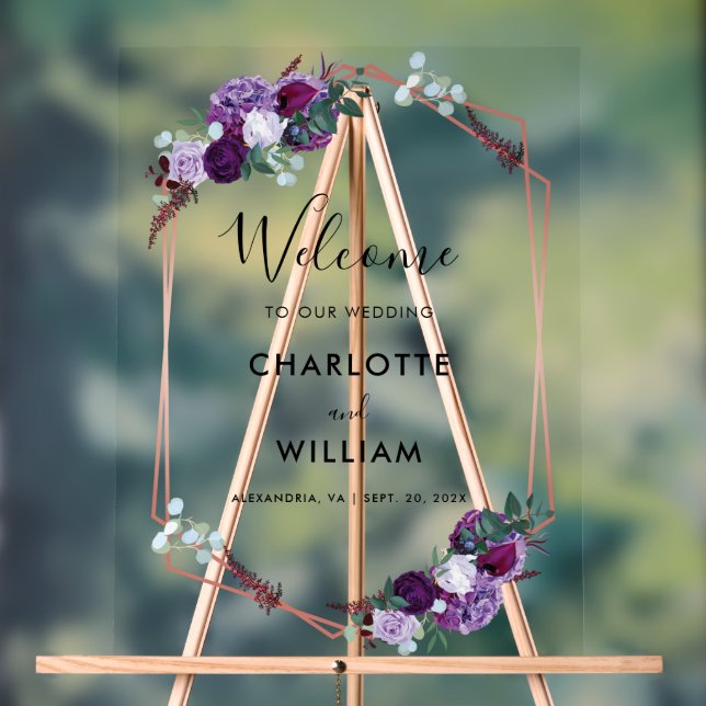 Purple Floral Script Wedding Welcome Acrylic Sign (Neutral)