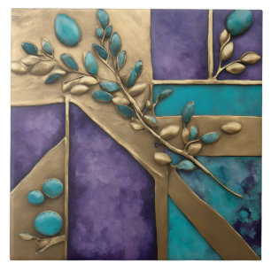 Purple Floral Sculpted Botanical Art on Turquoise  Tile