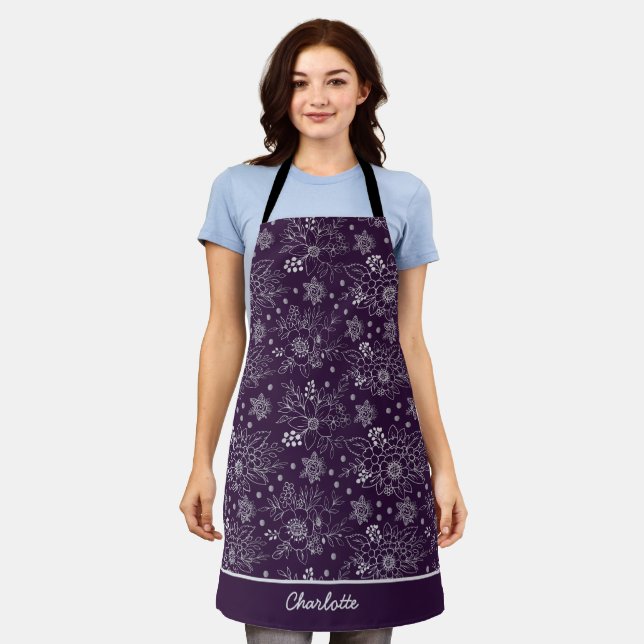 Purple floral seamless pattern personalised name  apron (Worn)