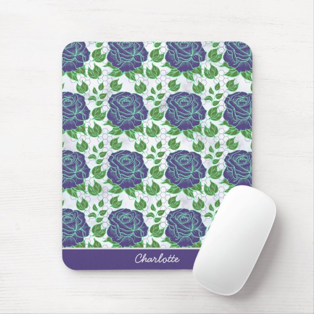 Purple floral seamless pattern personalised name  mouse mat (With Mouse)