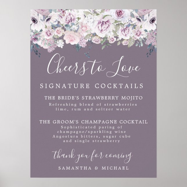 Purple Floral Signature Cocktails Wedding Bar Sign (Front)