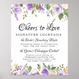 Purple Floral Signature Cocktails Wedding Bar Sign