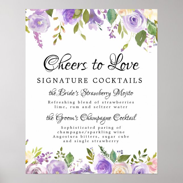 Purple Floral Signature Cocktails Wedding Bar Sign (Front)