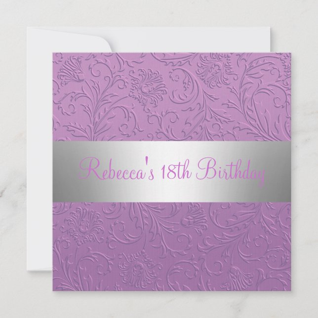 Purple Floral Silver 18th Birthday Party Invitation (Front)