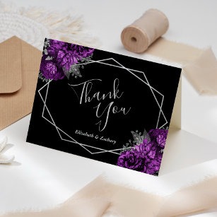 Purple Floral Silver Black Geometric Wedding Thank You Card