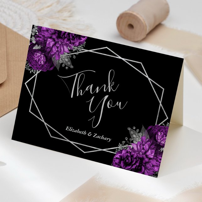 Purple Floral Silver Black Geometric Wedding Thank You Card (Creator Uploaded)