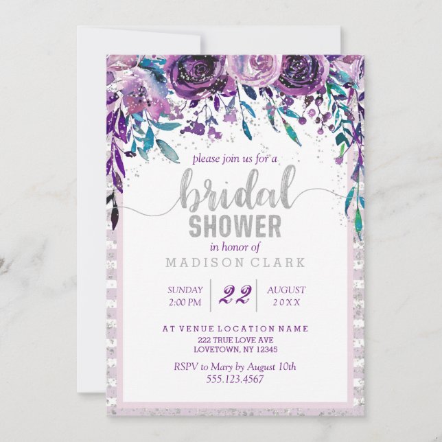 Purple Floral & Silver Bridal Shower Invitation (Front)
